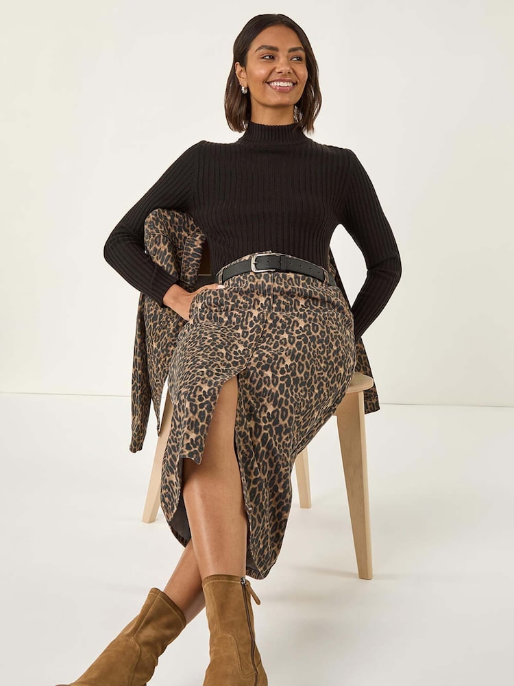 Roman Brown Animal Print Stretch Midi Skirt - Image 1 of 5