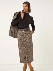 Roman Brown Animal Print Stretch Midi Skirt - Image 2 of 5