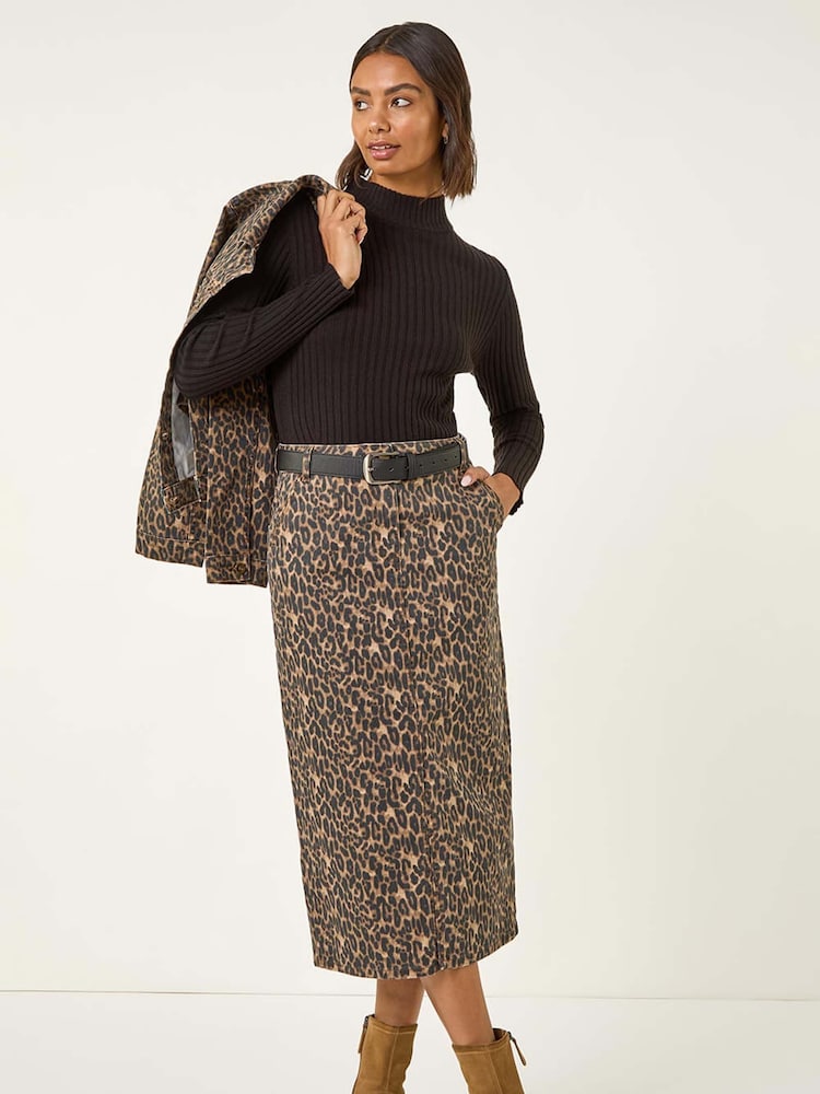 Roman Brown Animal Print Stretch Midi Skirt - Image 2 of 5