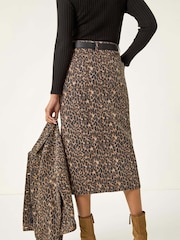 Roman Brown Animal Print Stretch Midi Skirt - Image 3 of 5