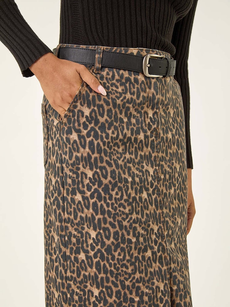Roman Brown Animal Print Stretch Midi Skirt - Image 5 of 5