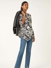 Roman Black Flock Floral Asymmetric Hem Tunic Top - Image 1 of 5