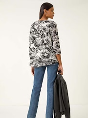 Roman Black Flock Floral Asymmetric Hem Tunic Top - Image 3 of 5