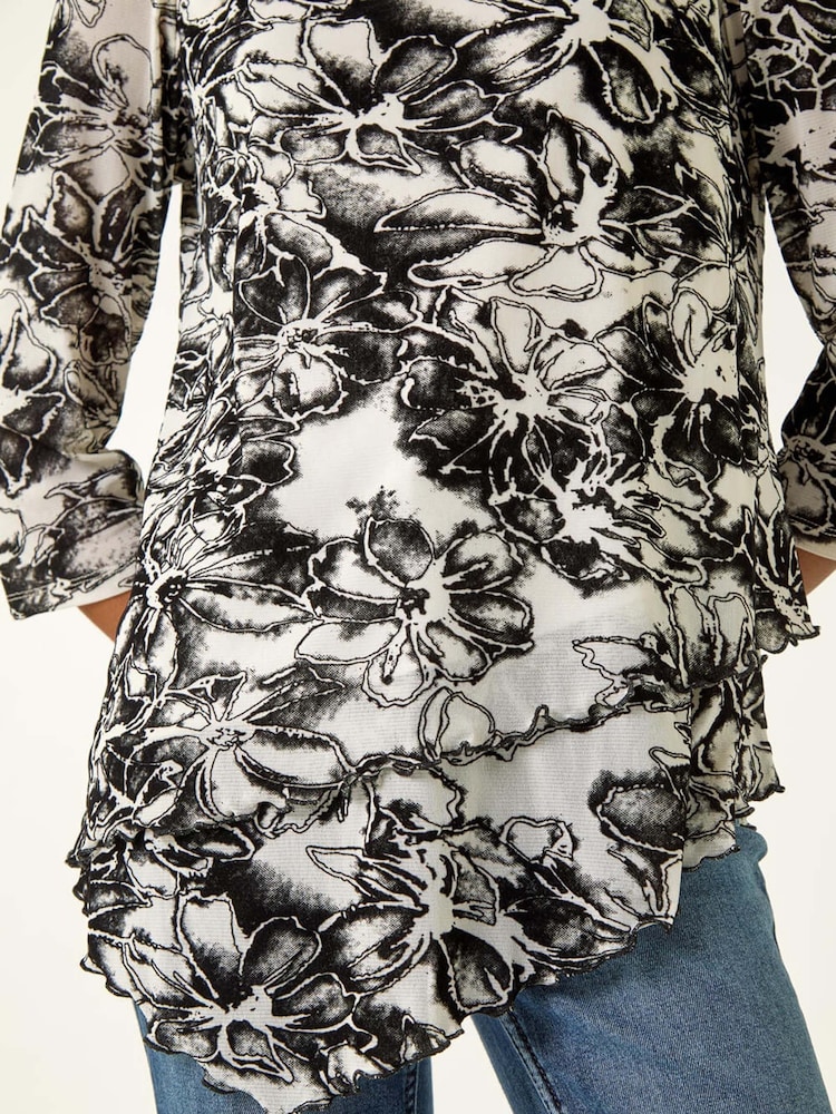 Roman Black Flock Floral Asymmetric Hem Tunic Top - Image 5 of 5 Roman Black Flock Floral Asymmetric Hem Tunic Top - Image 5 of 5