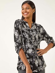 Roman Black Paisley Print V-Neck Stretch Shirt - Image 1 of 5
