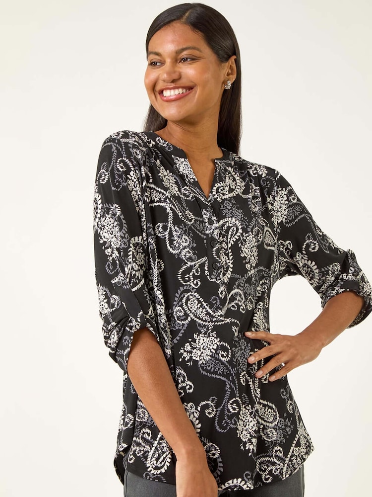 Roman Black Paisley Print V-Neck Stretch Shirt - Image 1 of 5