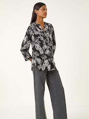 Roman Black Paisley Print V-Neck Stretch Shirt - Image 2 of 5