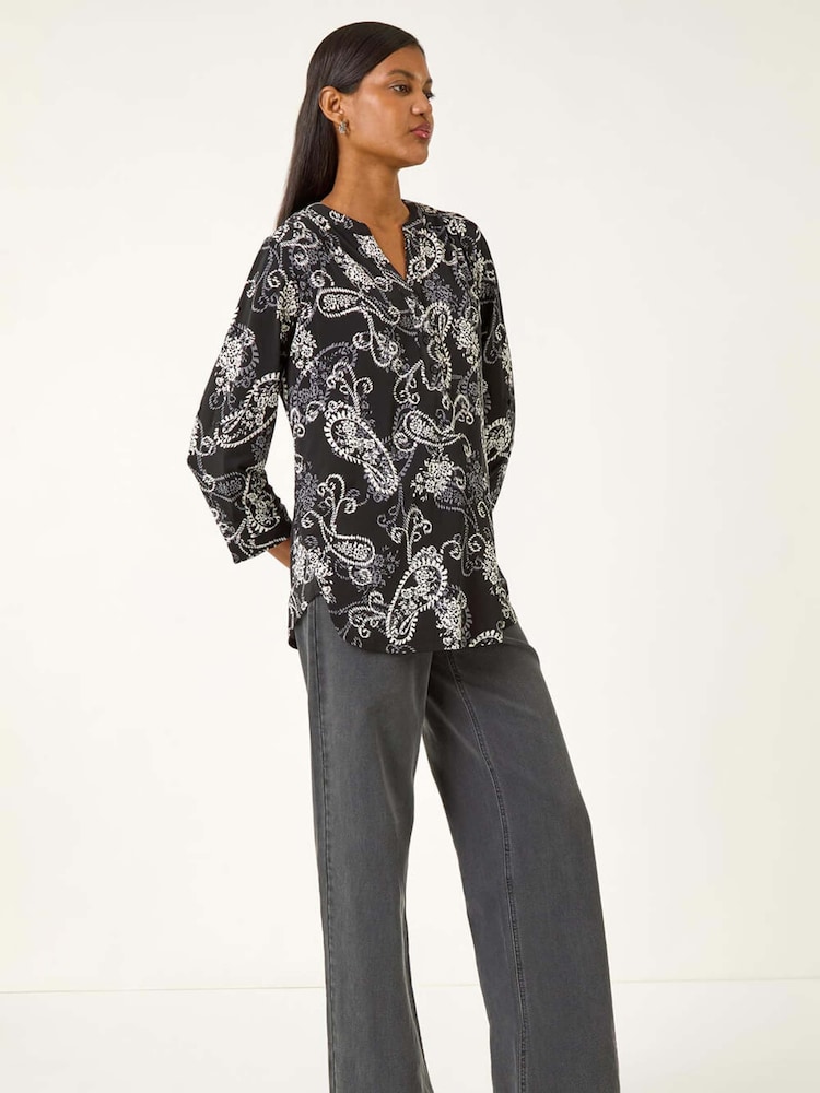 Roman Black Paisley Print V-Neck Stretch Shirt - Image 2 of 5