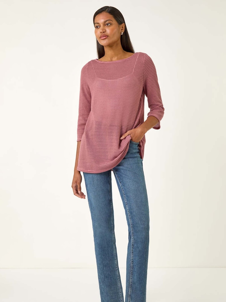 Roman Pink Crochet Knit Tunic Stretch Top - Image 1 of 5 Roman Pink Crochet Knit Tunic Stretch Top - Image 1 of 5