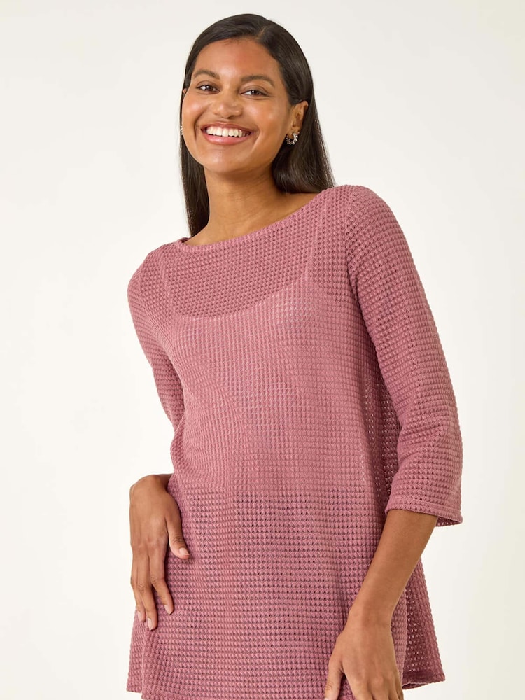 Roman Pink Crochet Knit Tunic Stretch Top - Image 2 of 5 Roman Pink Crochet Knit Tunic Stretch Top - Image 2 of 5
