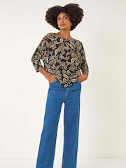 Roman Black Paisley Puff Print Stretch Blouse - Image 1 of 5