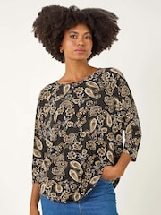 Roman Black Paisley Puff Print Stretch Blouse - Image 2 of 5