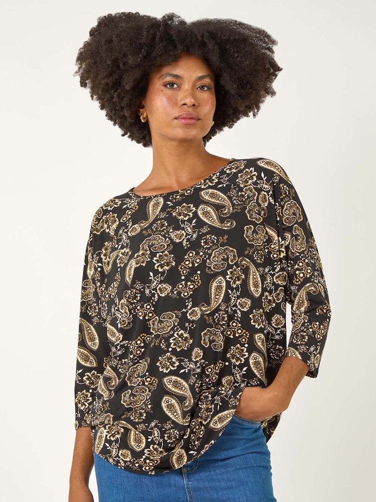 Roman Black Paisley Puff Print Stretch Blouse - Image 2 of 5 Roman Black Paisley Puff Print Stretch Blouse - Image 2 of 5