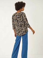 Roman Black Paisley Puff Print Stretch Blouse - Image 3 of 5