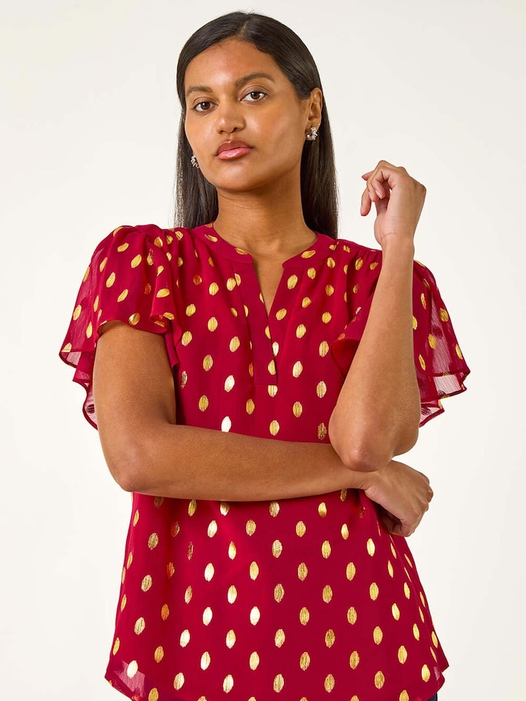Roman Red Polka Dot Print V-Neck Blouse - Image 1 of 5 Roman Red Polka Dot Print V-Neck Blouse - Image 1 of 5
