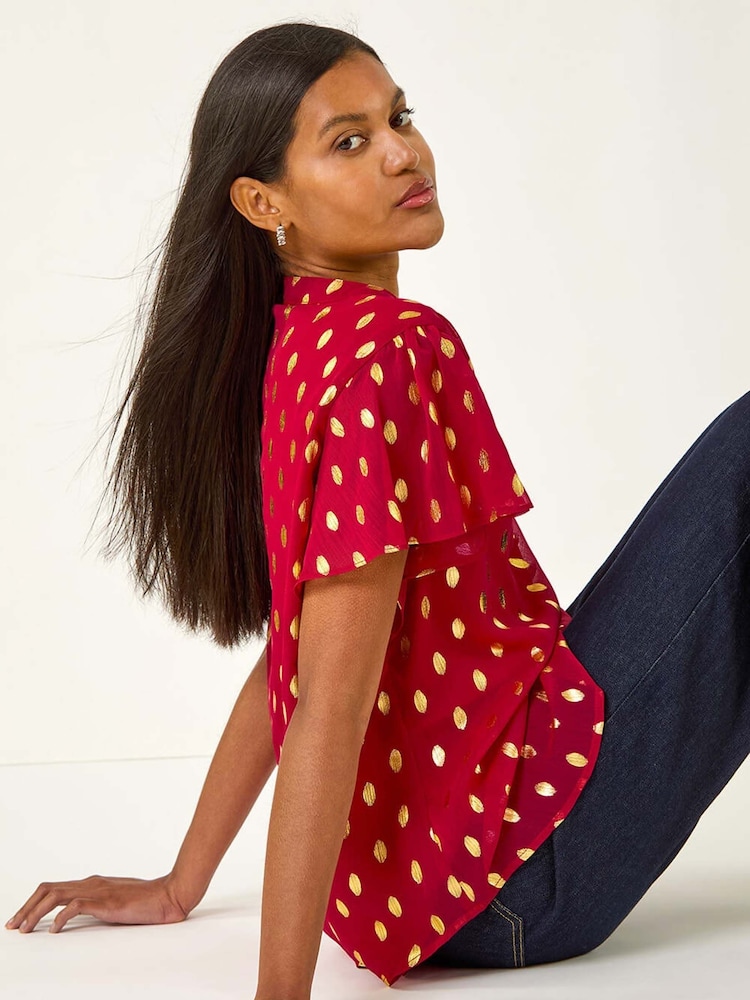 Roman Red Polka Dot Print V-Neck Blouse - Image 2 of 5 Roman Red Polka Dot Print V-Neck Blouse - Image 2 of 5