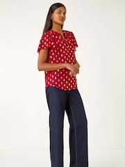 Roman Red Polka Dot Print V-Neck Blouse - Image 3 of 5