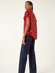Roman Red Polka Dot Print V-Neck Blouse - Image 4 of 5