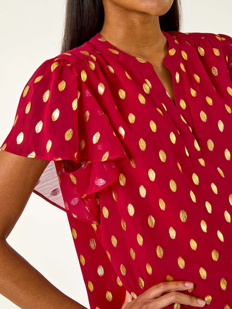 Roman Red Polka Dot Print V-Neck Blouse - Image 5 of 5 Roman Red Polka Dot Print V-Neck Blouse - Image 5 of 5