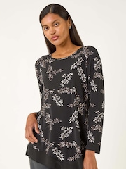 Roman Black Floral Print Chiffon Hem Blouse - Image 1 of 5