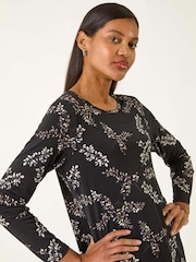 Roman Black Floral Print Chiffon Hem Blouse - Image 2 of 5
