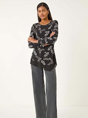 Roman Black Floral Print Chiffon Hem Blouse - Image 3 of 5