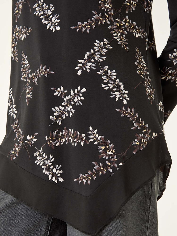 Roman Black Floral Print Chiffon Hem Blouse - Image 5 of 5