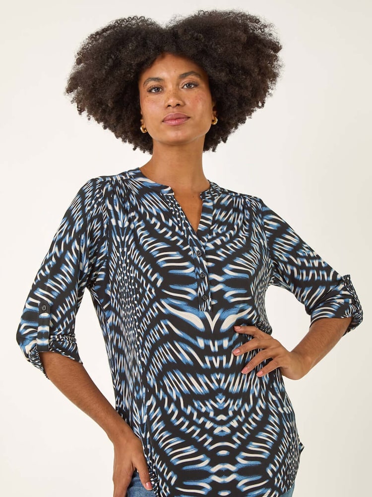 Roman Blue Animal Puff Print Stretch Blouse - Image 1 of 5 Roman Blue Animal Puff Print Stretch Blouse - Image 1 of 5