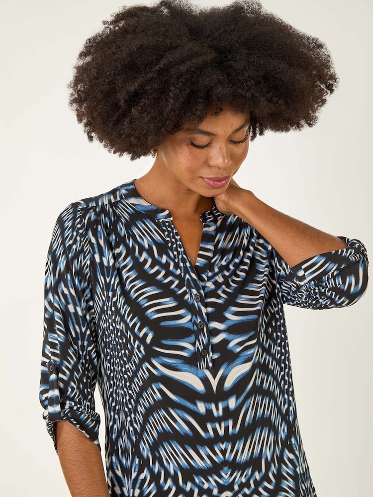 Roman Blue Animal Puff Print Stretch Blouse - Image 2 of 5 Roman Blue Animal Puff Print Stretch Blouse - Image 2 of 5