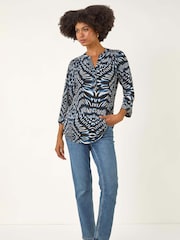 Roman Blue Animal Puff Print Stretch Blouse - Image 3 of 5