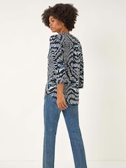 Roman Blue Animal Puff Print Stretch Blouse - Image 4 of 5