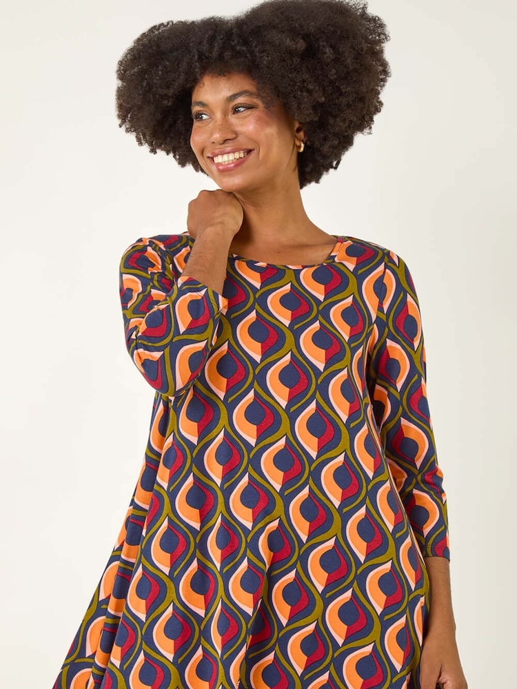 Roman Orange Geo Print Hanky Hem Stretch Tunic Top - Image 1 of 5 Roman Orange Geo Print Hanky Hem Stretch Tunic Top - Image 1 of 5
