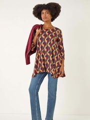 Roman Orange Geo Print Hanky Hem Stretch Tunic Top - Image 2 of 5
