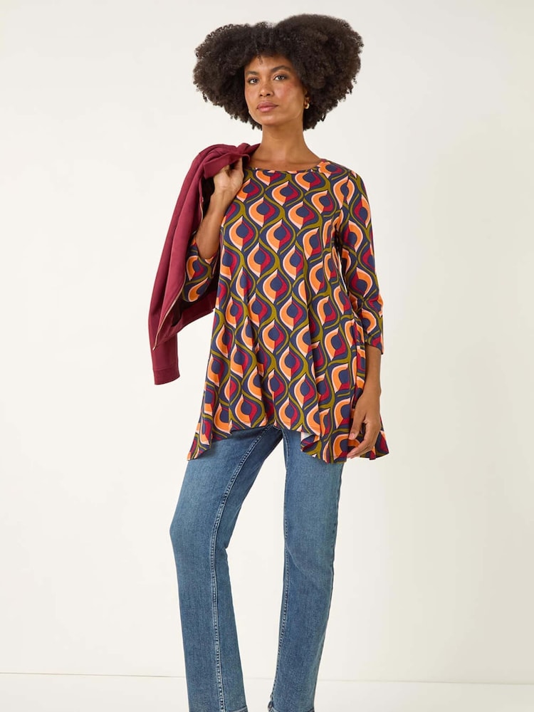 Roman Orange Geo Print Hanky Hem Stretch Tunic Top - Image 2 of 5 Roman Orange Geo Print Hanky Hem Stretch Tunic Top - Image 2 of 5