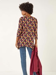 Roman Orange Geo Print Hanky Hem Stretch Tunic Top - Image 3 of 5