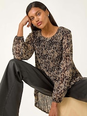 Roman Black Abstract Print Pleated Tunic Top - Image 1 of 5