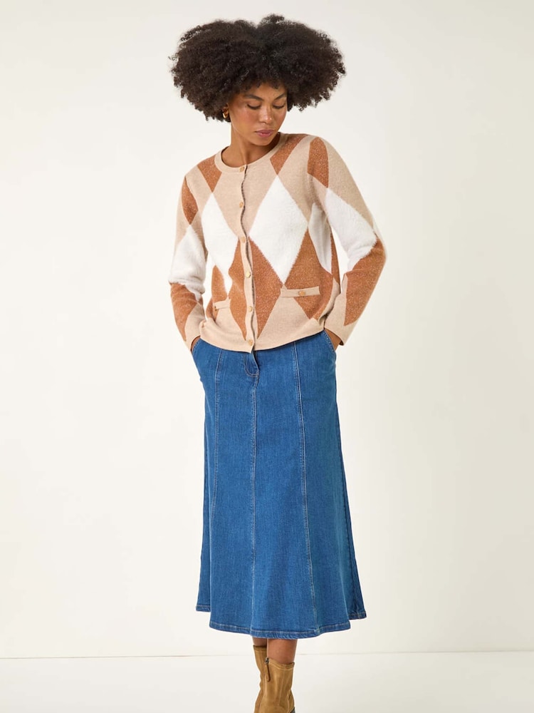Roman Natural Geometric Buttoned Knit Cardigan - Image 1 of 5 Roman Natural Geometric Buttoned Knit Cardigan - Image 1 of 5
