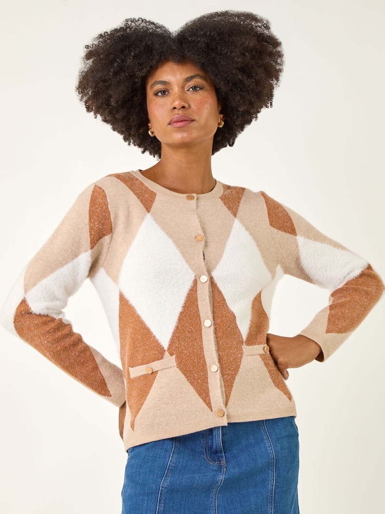 Roman Natural Geometric Buttoned Knit Cardigan - Image 2 of 5 Roman Natural Geometric Buttoned Knit Cardigan - Image 2 of 5