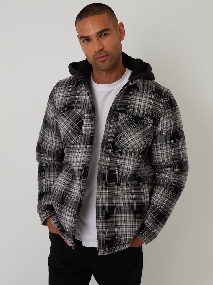 Threadbare Black Check Quilted Shacket with Borg Lined Hood - Image 1 of 4 Threadbare Black Check Quilted Shacket with Borg Lined Hood - Image 1 of 4