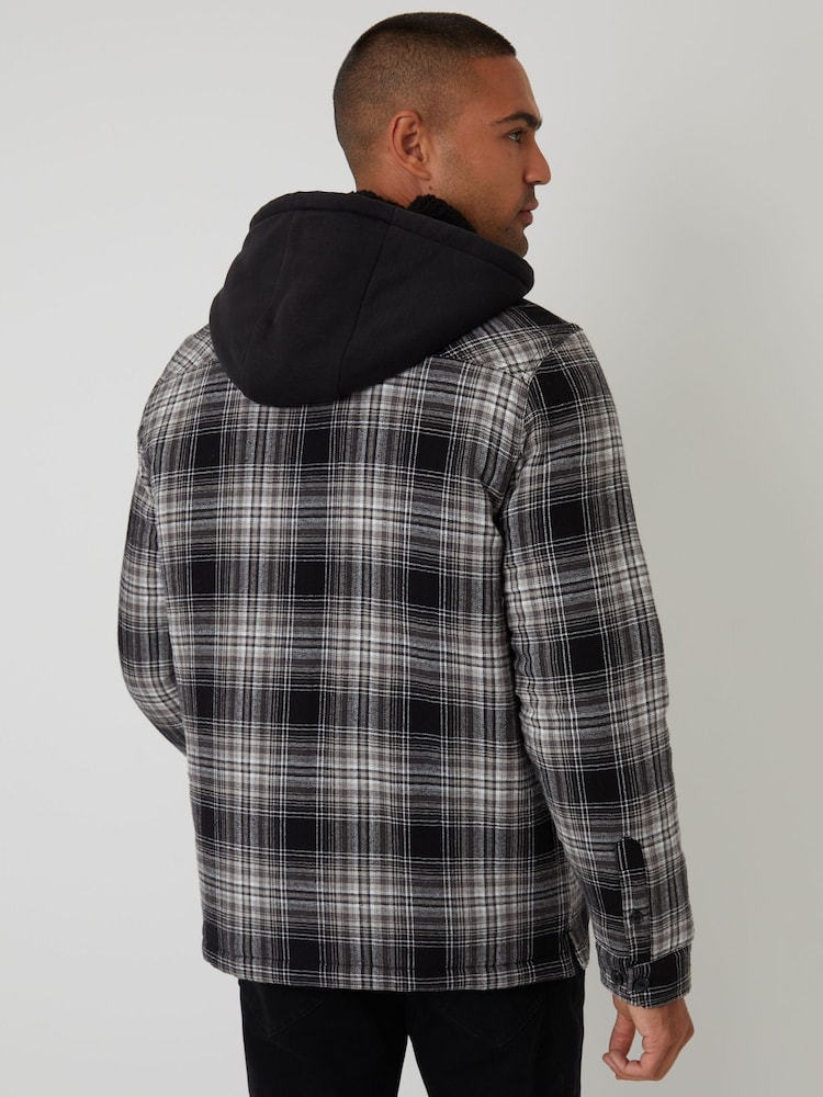 Threadbare Black Check Quilted Shacket with Borg Lined Hood - Image 2 of 4 Threadbare Black Check Quilted Shacket with Borg Lined Hood - Image 2 of 4