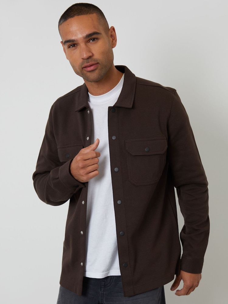 Threadbare Brown Pique Popper Fastening Shacket - Image 1 of 8 Threadbare Brown Pique Popper Fastening Shacket - Image 1 of 8