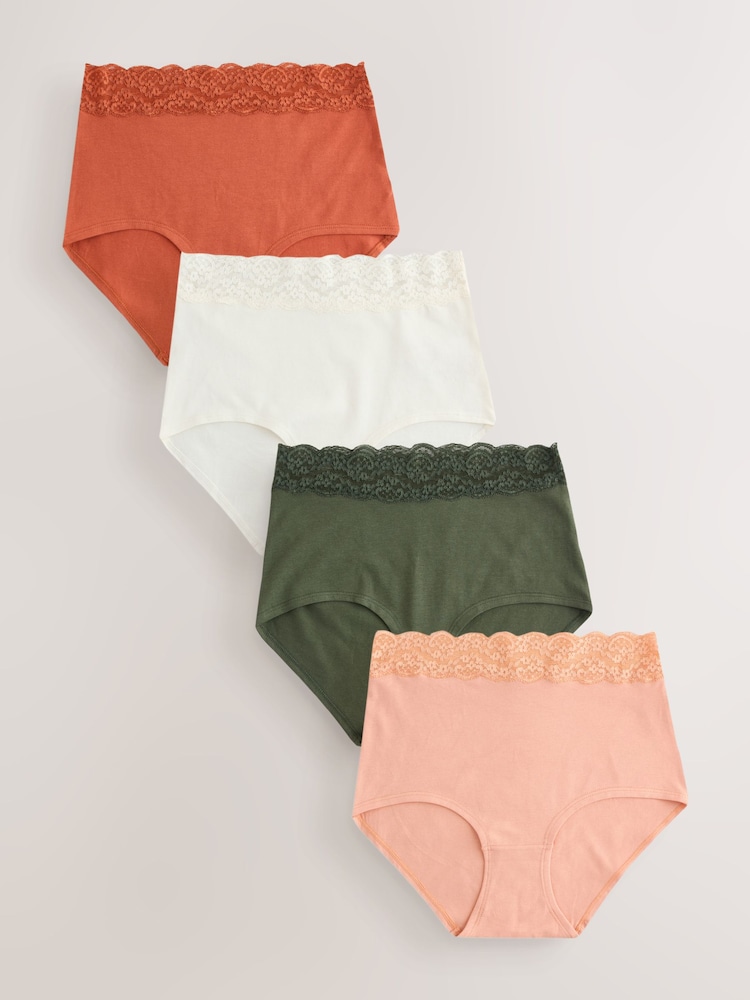 Rust Red Full Brief Cotton and Lace Knickers 4 Pack - Image 1 of 7 Rust Red Full Brief Cotton and Lace Knickers 4 Pack - Image 1 of 7