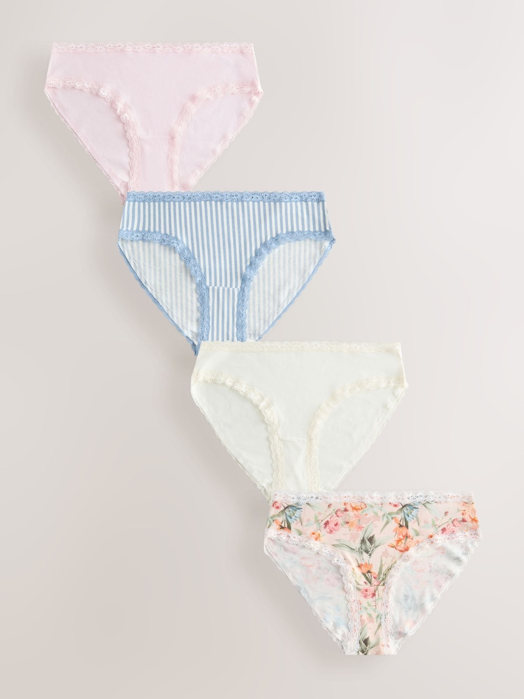 Floral High Leg Cotton and Lace Knickers 4 Pack - Image 1 of 6