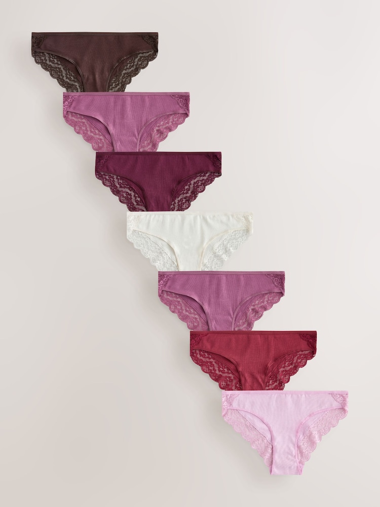 Berry Pink Bikini Cotton and Lace Knickers 7 Pack - Image 1 of 10 Berry Pink Bikini Cotton and Lace Knickers 7 Pack - Image 1 of 10