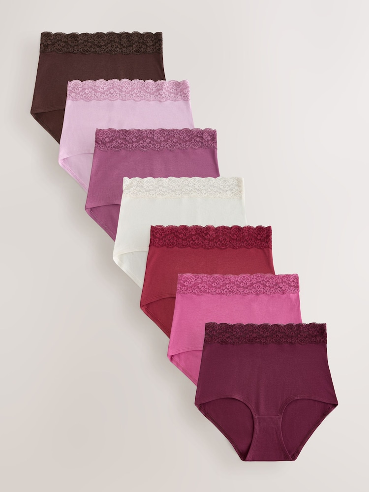 Berry Pink Full Brief Cotton and Lace Knickers 7 Pack - Image 1 of 10