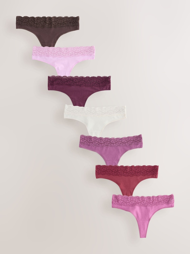 Berry Pink Thong Cotton and Lace Knickers 7 Pack - Image 1 of 10