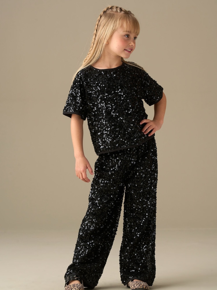 Angel & Rocket Black Leona Velvet Sequin Trousers - Image 2 of 8 Angel & Rocket Black Leona Velvet Sequin Trousers - Image 2 of 8