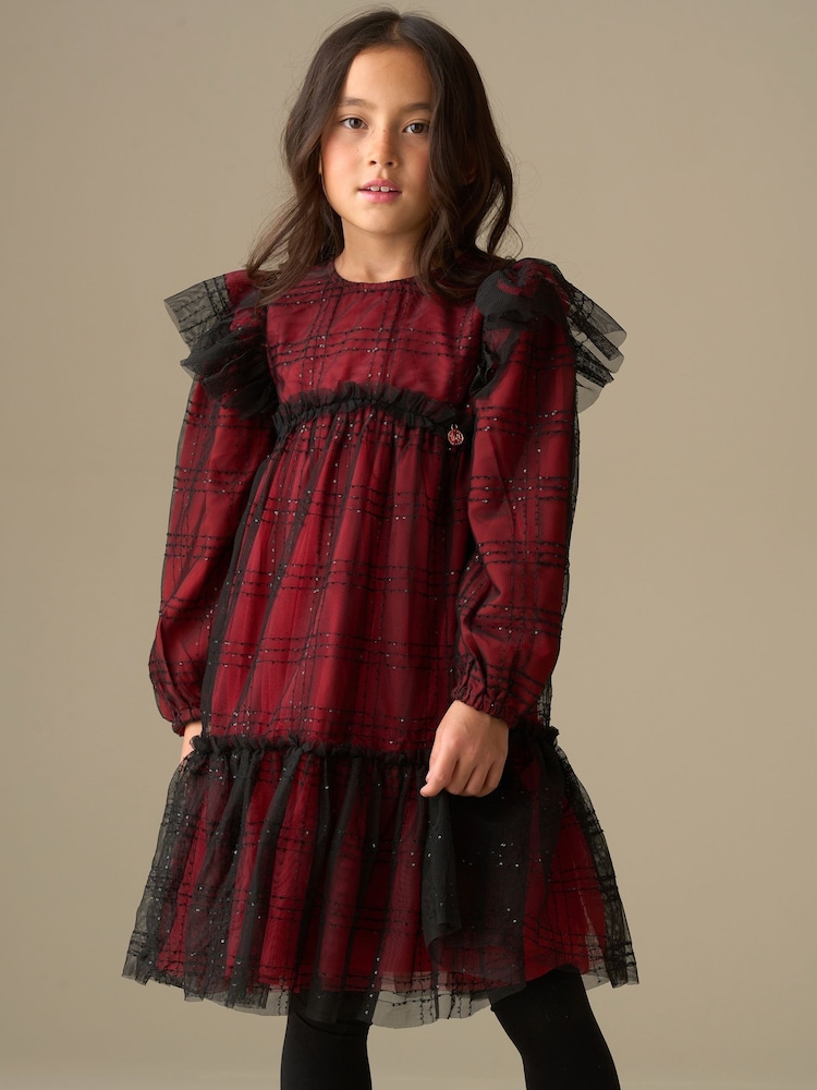 sequin tartan dress Girls Angel & Rocket Red Tia Sequin Tartan Mesh Dress 78years