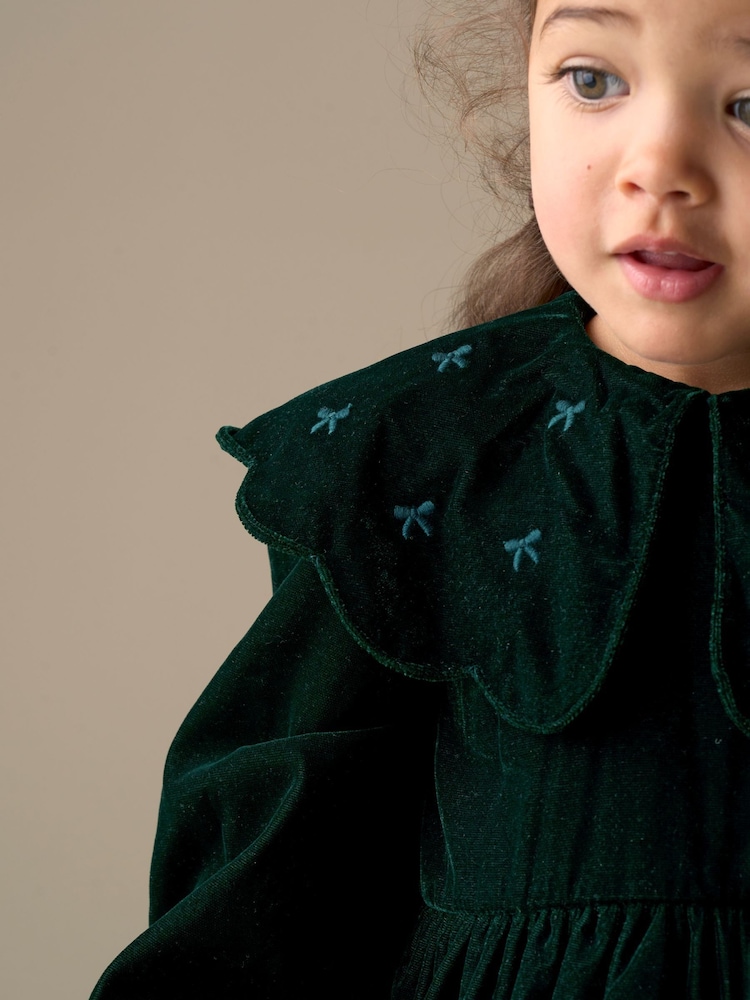 Baby Girls Green Velvet Embroidered Collar Christmas Dress | Angel & Rocket 3-6 mths