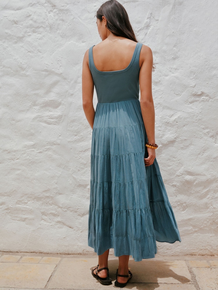 Buy Washed Blue Sleeveless Square Neck Ribbed Midi Dress from Next USA